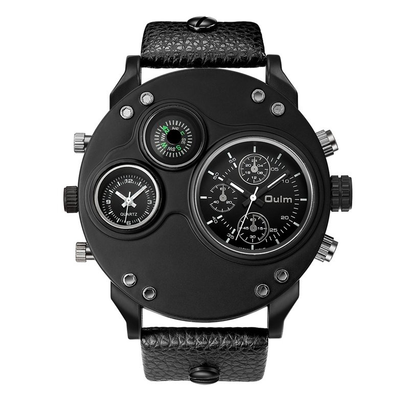 Montre à quartz à double fuseau horaire en cuir noir
