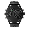 Montre à quartz à double fuseau horaire en cuir noir