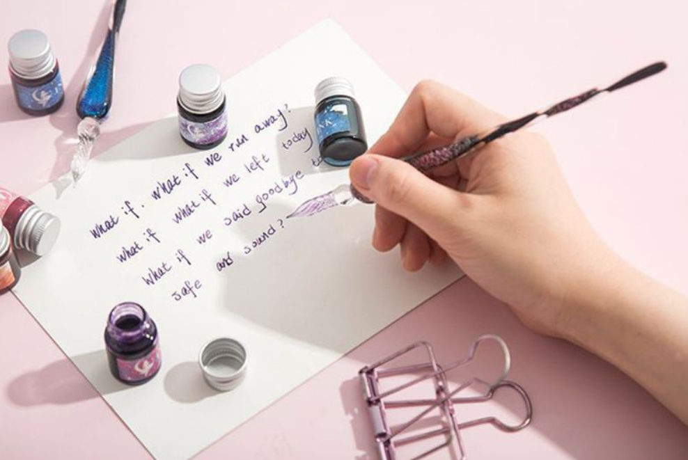 Pinceau en verre cristal avec encre poudre pailletée Set unique