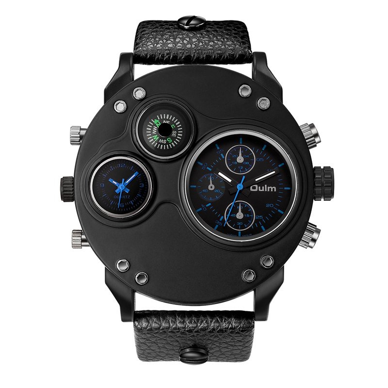 Montre à quartz à double fuseau horaire en cuir noir