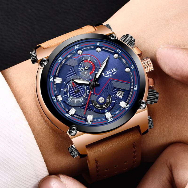 Montre de sport classique en cuir brun