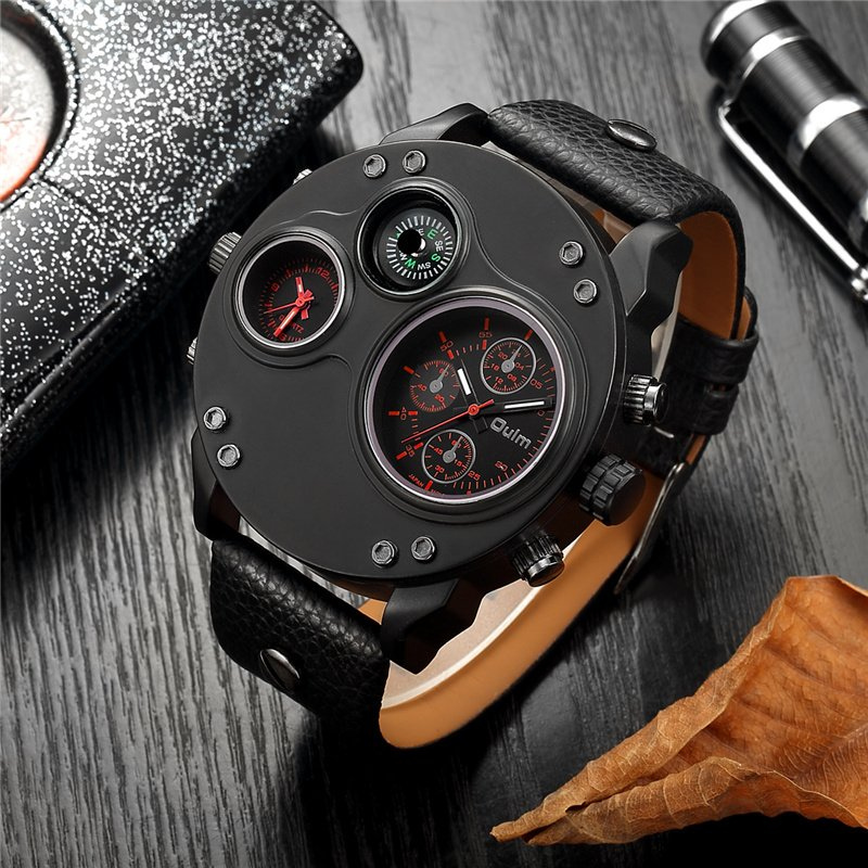 Montre à quartz à double fuseau horaire en cuir noir