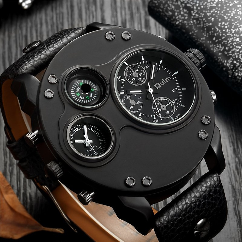 Montre à quartz à double fuseau horaire en cuir noir