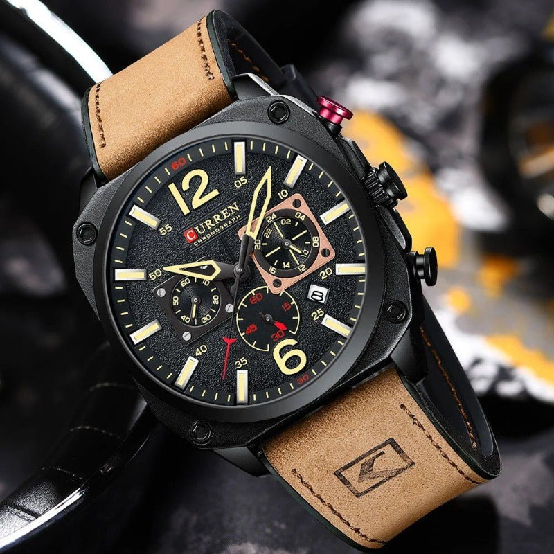 Montre-bracelet d'affaires en cuir, à quartz et étanche
