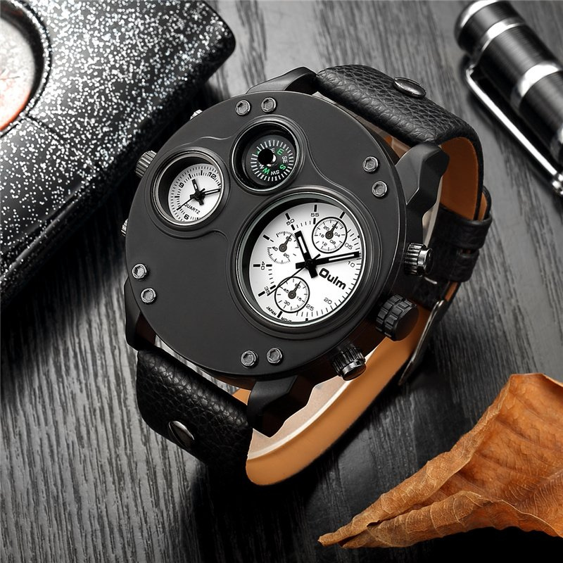 Montre à quartz à double fuseau horaire en cuir noir