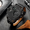 Montre à quartz à double fuseau horaire en cuir noir