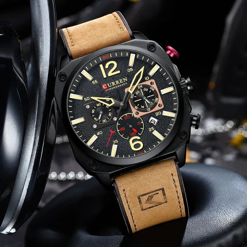 Montre-bracelet d'affaires en cuir, à quartz et étanche