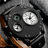Montre à quartz à double fuseau horaire en cuir noir