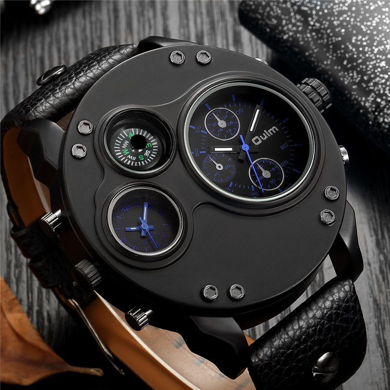 Montre à quartz à double fuseau horaire en cuir noir