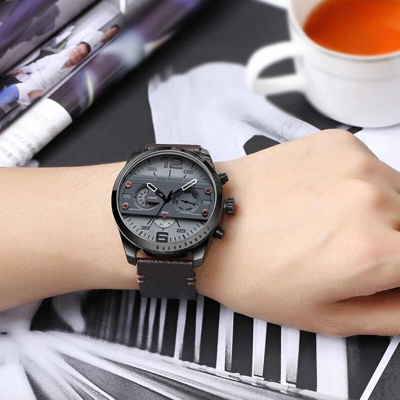 Montre de sport de luxe à quartz, chronographe, étanche et bracelet en cuir