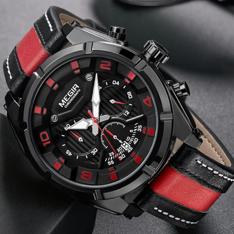 Montre chronographe militaire de luxe en cuir