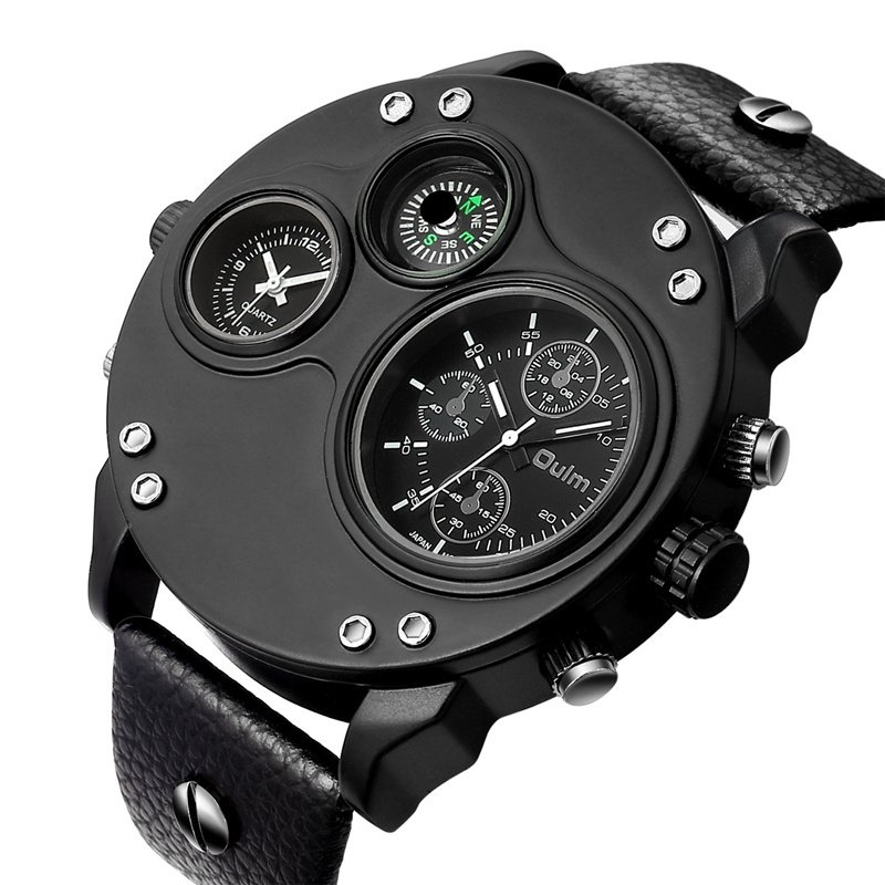 Montre à quartz à double fuseau horaire en cuir noir