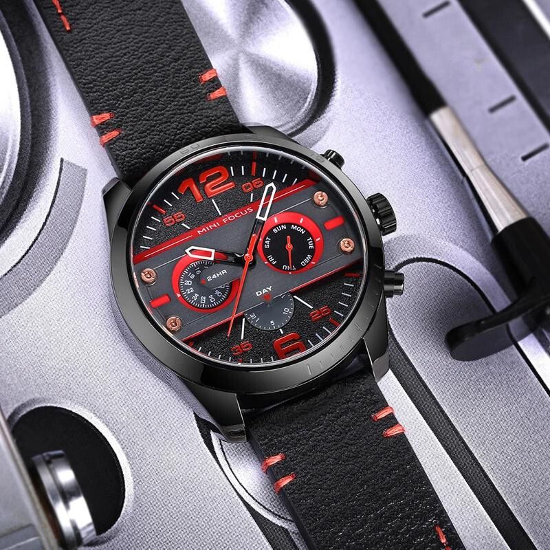Montre de sport de luxe à quartz, chronographe, étanche et bracelet en cuir