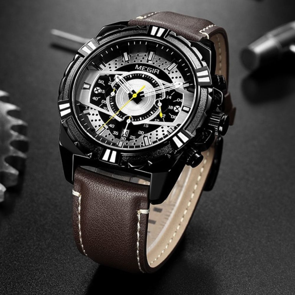 Montre de luxe à quartz, chronographe, militaire et sportive en cuir