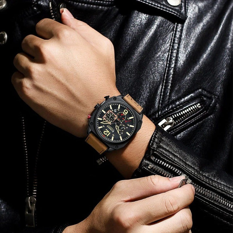 Montre-bracelet d'affaires en cuir, à quartz et étanche