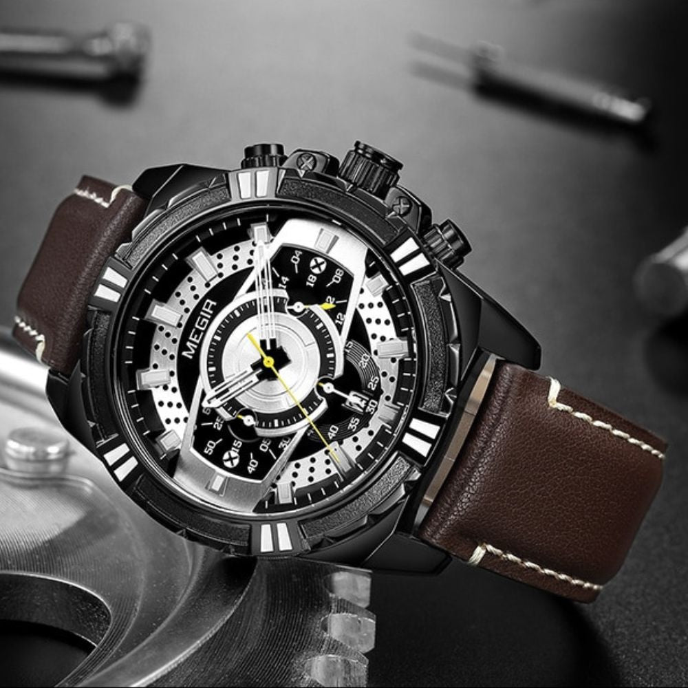 Montre de luxe à quartz, chronographe, militaire et sportive en cuir