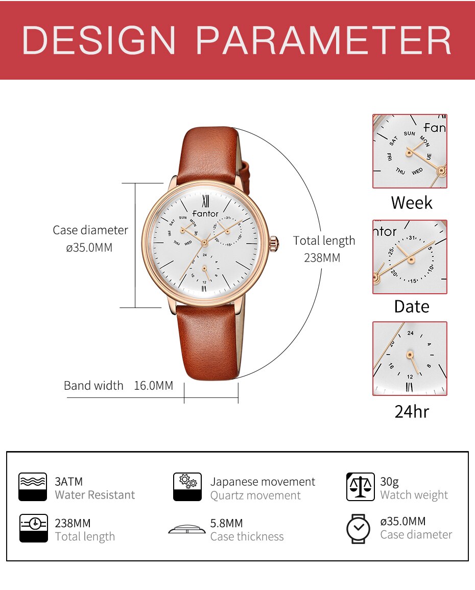 Montre chronographe de luxe pour dames avec bracelet en cuir