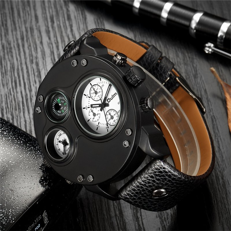 Montre à quartz à double fuseau horaire en cuir noir