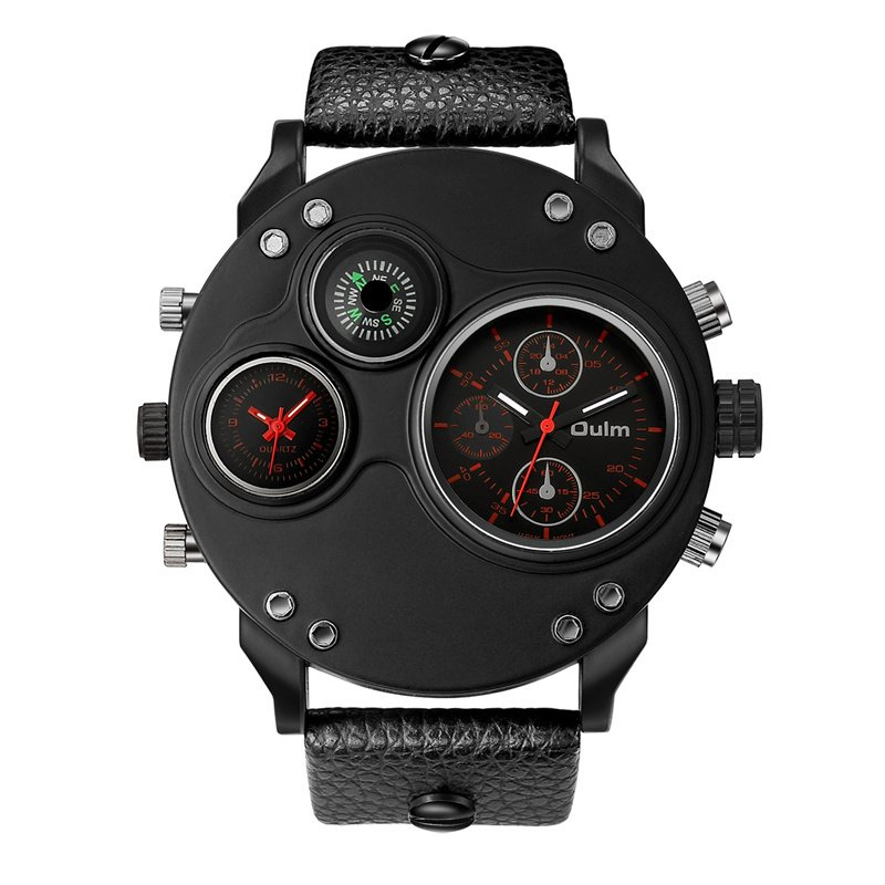 Montre à quartz à double fuseau horaire en cuir noir