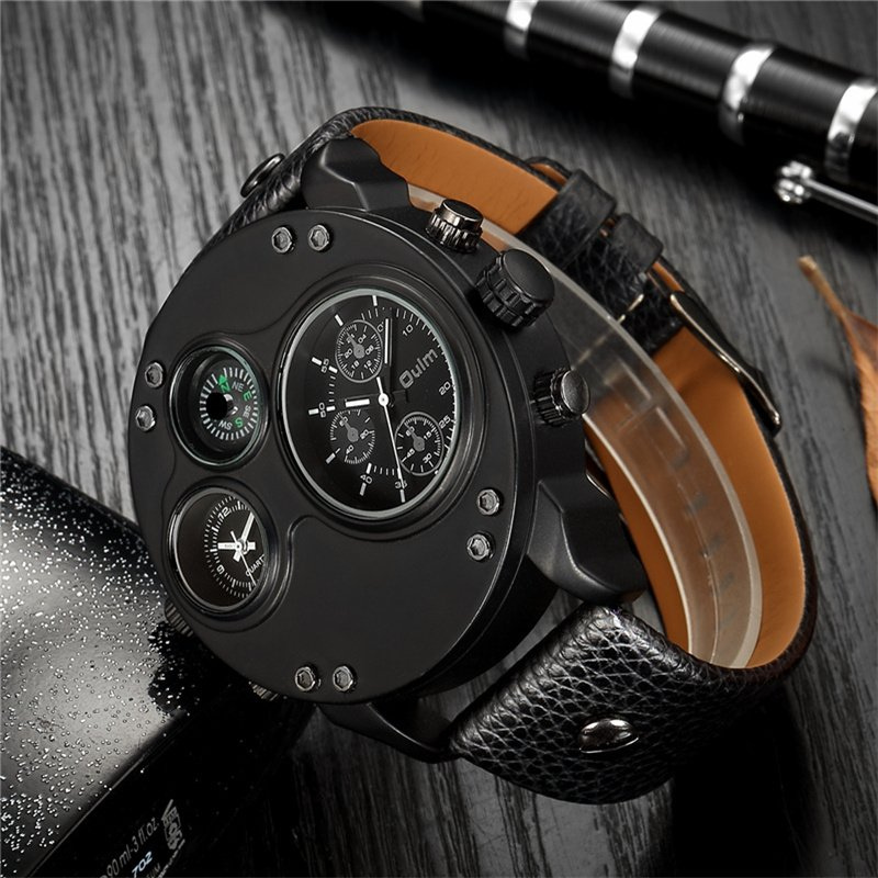 Montre à quartz à double fuseau horaire en cuir noir