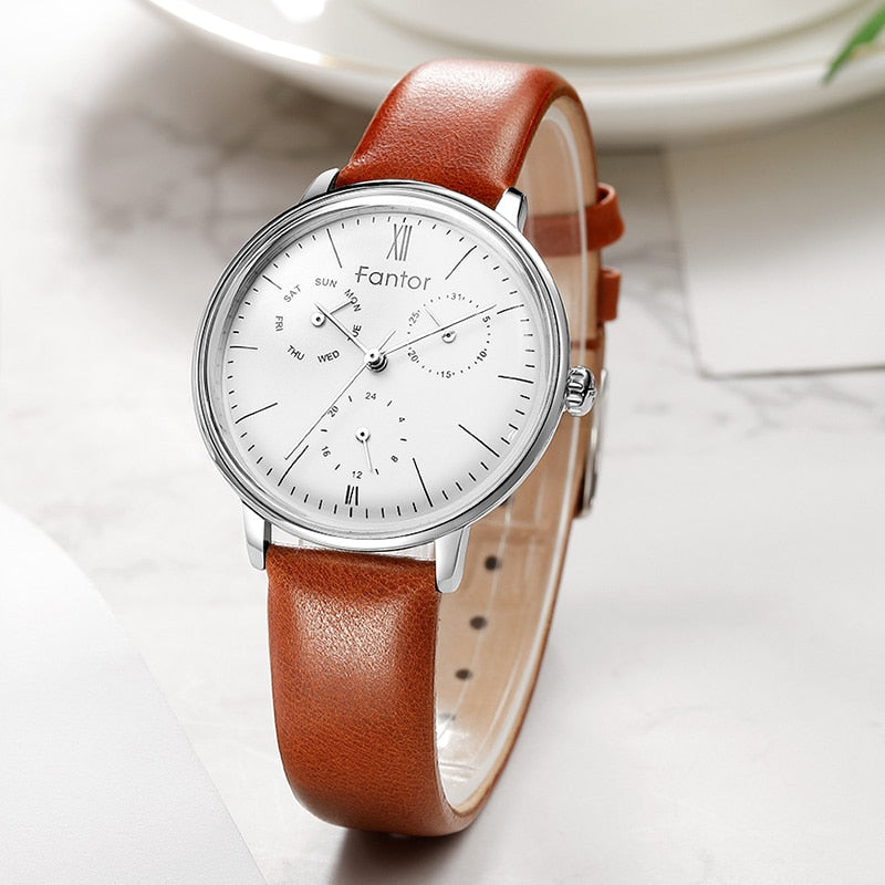 Montre chronographe de luxe pour dames avec bracelet en cuir