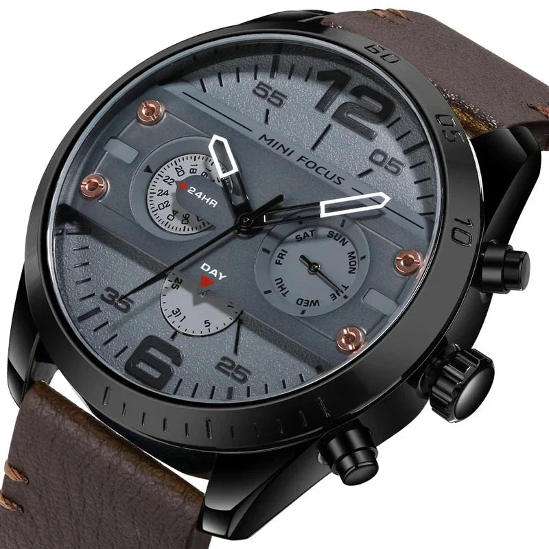 Montre de sport de luxe à quartz, chronographe, étanche et bracelet en cuir
