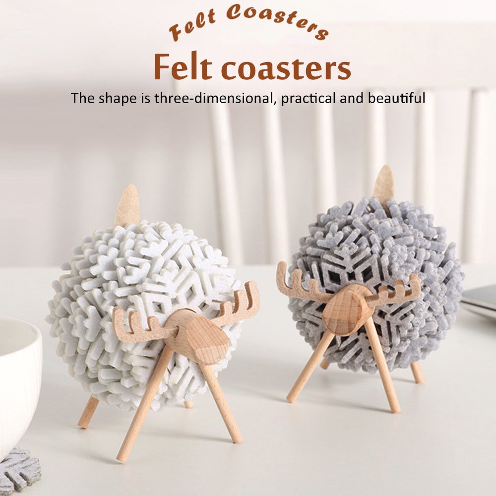 Renne/Mouton Décoration en bois faite à la main + Set de sous-verres en feutre 12 pièces
