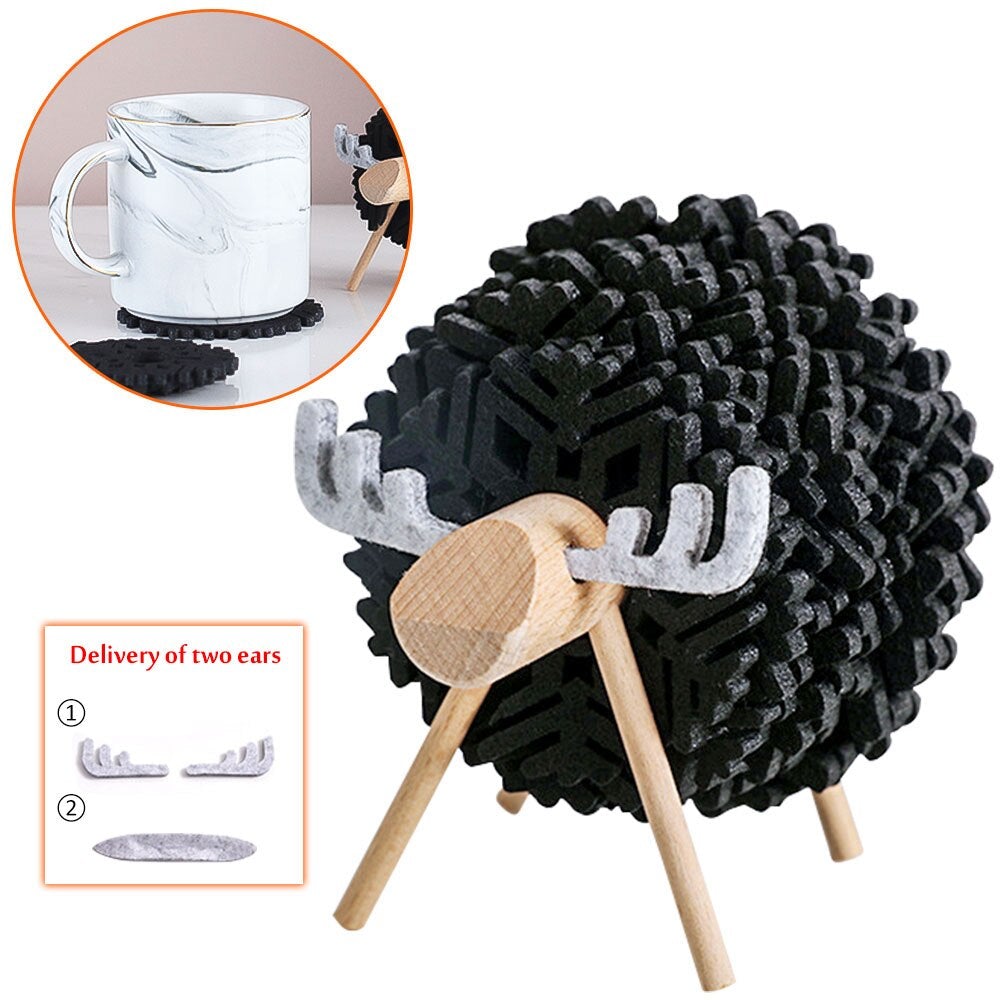Renne/Mouton Décoration en bois faite à la main + Set de sous-verres en feutre 12 pièces