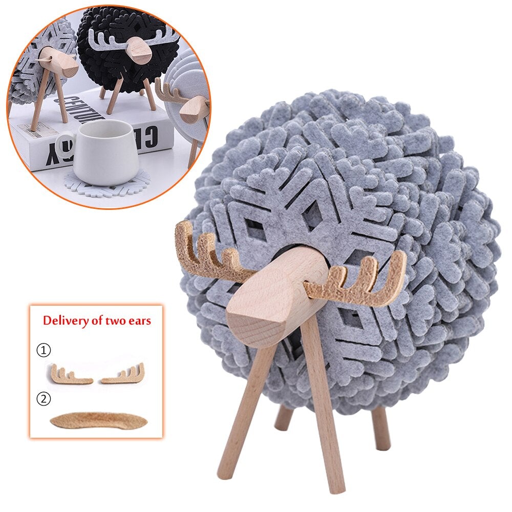 Renne/Mouton Décoration en bois faite à la main + Set de sous-verres en feutre 12 pièces