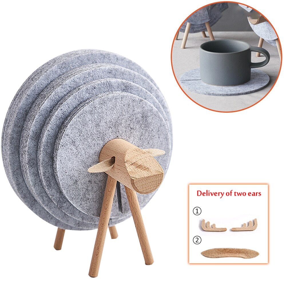 Renne/Mouton Décoration en bois faite à la main + Set de sous-verres en feutre 12 pièces